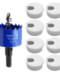 Game Changer 8 Piece Bundle White Desk Grommet Kit Featuring Detachable Cable Hole Cover And Heavy Duty Bi Metal Drill Bit with grommets and drill bit.