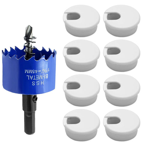 Game Changer 8 Piece Bundle White Desk Grommet Kit Featuring Detachable Cable Hole Cover And Heavy Duty Bi Metal Drill Bit with grommets and drill bit.