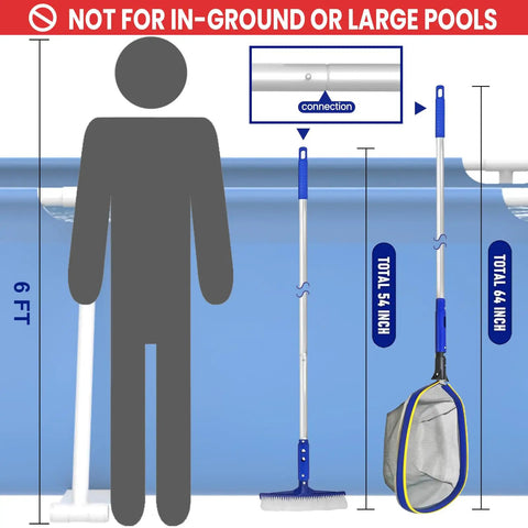 Diagram illustrating the All In One Pro Grade Pool Cleaning Kit with 10 inch nylon brush and 50 inch telescopic aluminum pole.
