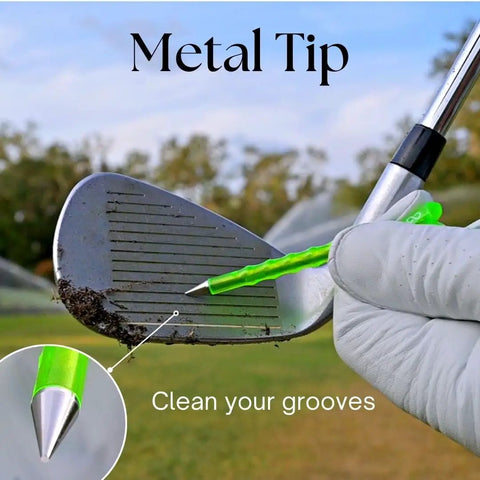 Close-up of golfer cleaning club groove with Forever Tee Premium Metal Unbreakable Golf Tees 2 Pack With Extended Metal Tip on course.