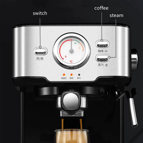 Built In Home Espresso Machine With Semi Automatic Pump Ground Coffee Compatible front view with controls and milk frother