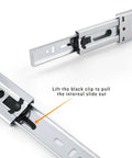 Built Tough 12 Inch Soft Close Drawer Slides 5 Pairs Full Extension Ball Bearing Side Mount Satin Nickel Heavy Duty 100 Lb Capacity For Kitchen And Bathroom Remodels, black clip release detail