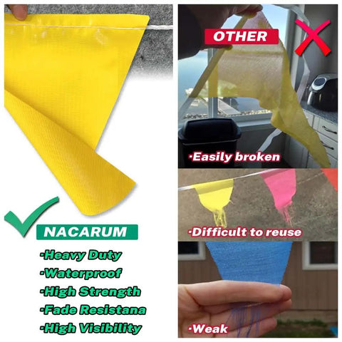 Colorful Pennant Banner Flags For Outdoor Parties And Events, Durable PVC Mesh Construction, OSHA 500 Lb Rated, Fade Resistant Strand, 102 Ft Long, Wide Triangular Flags For High Visibility, yellow flag close-up
