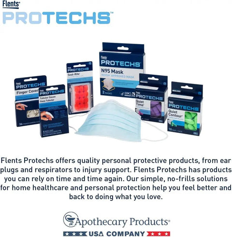 Flents Protechs personal protection products including N95 mask, ear plugs, finger covers, and respirators displayed.