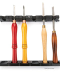 Expandable rack with EVA foam grips holding four tools, Must-Have Six Tool Turning Tool Storage Rack For Woodworking.