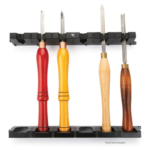 Expandable rack with EVA foam grips holding four tools, Must-Have Six Tool Turning Tool Storage Rack For Woodworking.