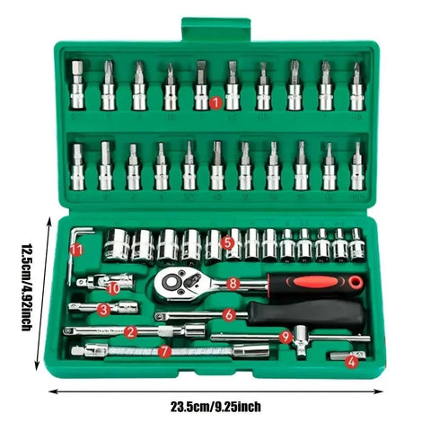 46-Piece 1/4 Inch Go-To Mechanic Tool Set for Auto Repair and Home DIY Projects with hex bit sockets and ratchet wrench.