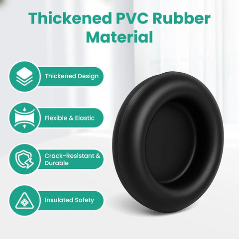 Image showing a thickened PVC rubber grommet described as flexible, crack-resistant, and insulated for safety.
