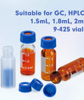 Premium Quality 100 Pack Blue 9 Mm Screw Thread HPLC Vial Caps Featuring Pre Slit PTFE Lined Septa That Pierces Like A Dream For Smooth Autosampler Action And Total Zero Hassle Lab Prep with vials.