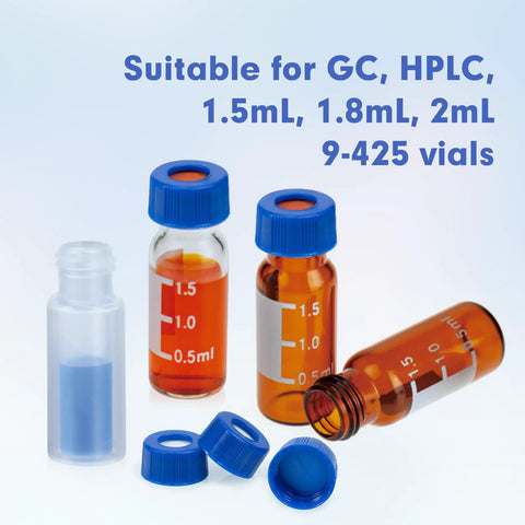 Premium Quality 100 Pack Blue 9 Mm Screw Thread HPLC Vial Caps Featuring Pre Slit PTFE Lined Septa That Pierces Like A Dream For Smooth Autosampler Action And Total Zero Hassle Lab Prep with vials.