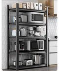 Flat Out Sturdy Heavy Duty Storage Shelf Rack Adjustable Multi Tier Metal Shelving Unit with kitchen appliances in black.
