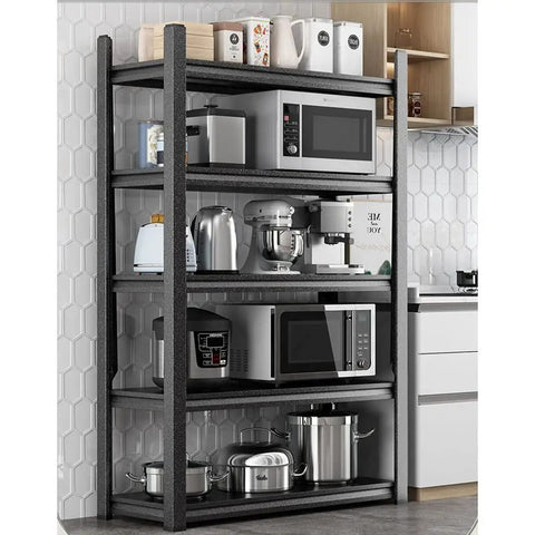 Heavy Duty Metal Storage Shelf Rack Built Tough For Seamless Home Organization Featuring An Adjustable Three To Five Tier Design, displaying kitchen appliances.