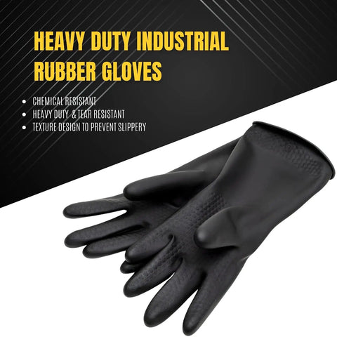 Pair of black latex gloves, chemical resistant, for heavy duty cleaning and industrial work, extra thick rubber, tear resistant, large size