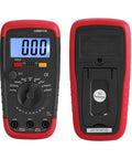 Front and back view of Capacitance Meter Multimeter For Capacitors 0.1pF To 20000uF with LCD backlight and safety jacket display.