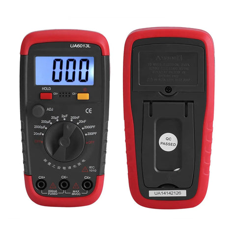 Front and back view of Capacitance Meter Multimeter For Capacitors 0.1pF To 20000uF with LCD backlight and safety jacket display.