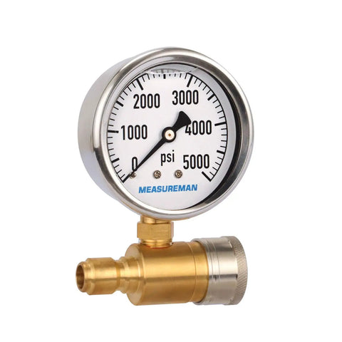 Pro Grade Pressure Washer Gauge Kit With Three Eighths Inch Quick Connect Glycerin Filled Dial 0-5000 PSI Brass Quick Connector