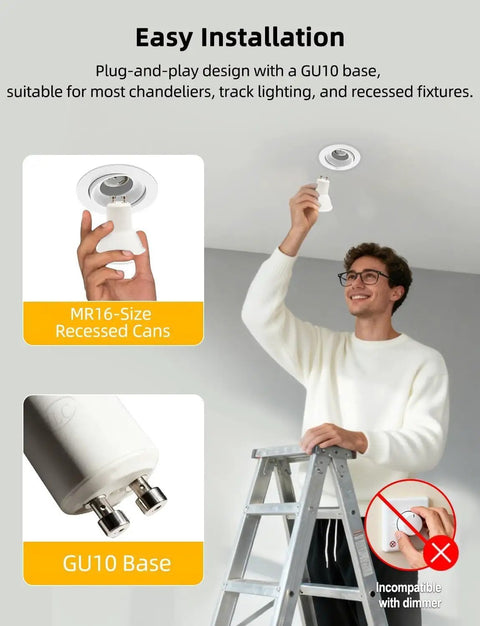 Installation of Color Changing GU10 RGB LED Bulb 12 Colors, 5W Dimmable, Remote Pack of 4 with GU10 base in recessed fixture.