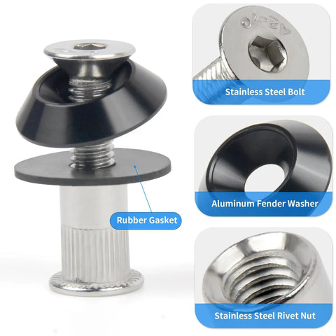 Add Dope Swagger To Your Daily Driver With M6 Aluminum Fender Washers Engine Dress Up Bolts 54 Piece Kit featuring rubber gasket and stainless steel bolt.