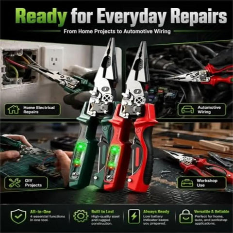 4 In 1 Wire Stripping Pliers With Built In Voltage Tester Foldable Your Go To Electrician Tool For Stripping Cutting Crimping Twisting And Testing Wires Heavy Duty Wire Cutters For Circuit Repair And DIY Electrical Work, green and red