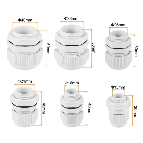 Assorted sizes of Adjustable Cable Gland Kit with 60 Pieces Waterproof Nylon Conduit Fittings for Indoor Outdoor Use.