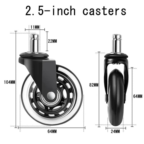 Top Notch Office Chair Caster Wheels Replacement Rubber Casters Drop Straight In Smooth As Butter Heavy Duty Floor Safe Rollers Clean Upgrade For Gaming Desk Chairs Set Of Five 2.5-inch black caster wheels with detailed dimensions.