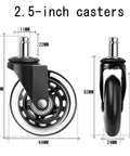 5 Pack Quiet Office Chair Casters That Roll Like Butter Smooth Silent Swivel Wheels For Gaming And Desk Chairs Polyurethane Build Fits Standard 2 Inch Stem Quick Install shown from multiple angles with size details.