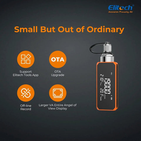 Elitech digital display device for HVAC with features like OTA upgrade and app support, compact design for easy use.