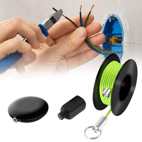 Magnetic Wire Puller Set With Fish Tape System For Fast Cable Routing Inside Walls And Outdoor Projects Cable Puller Tool Keeps Wires Safe Easy Run And Pull Kit For DIY Home Upgrades, with green line and wall outlet