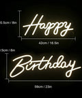 Happy Birthday Neon Sign Led Wall Decor Warm White Glow Two Piece Display For Birthday Party Setup with dimensions