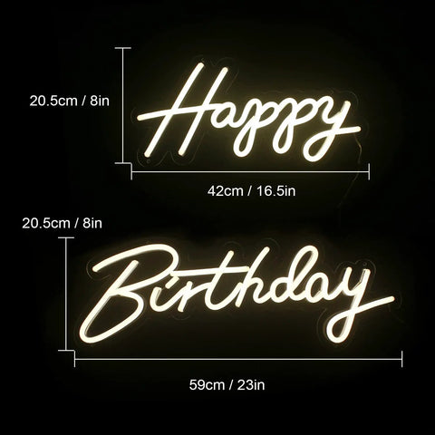 Happy Birthday Neon Sign Led Wall Decor Warm White Glow Two Piece Display For Birthday Party Setup with dimensions