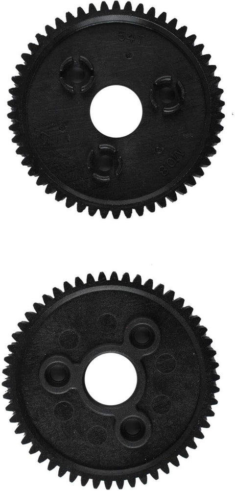 Traxxas 54T 0.8 32 Pitch Spur Gear Set for RC Slash Stampede 4x4 VXL Rally VXL Three Piece Upgrade shown with nylon gears.