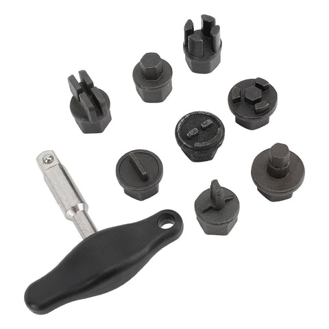 Complete 9 Pcs Oil Pan Drain Plug Repair Kit For Plastic Sump And Stripped Threads Install Remove Tool Set For Routine Auto Maintenance With Storage Case, 9 black metal adapters and handle