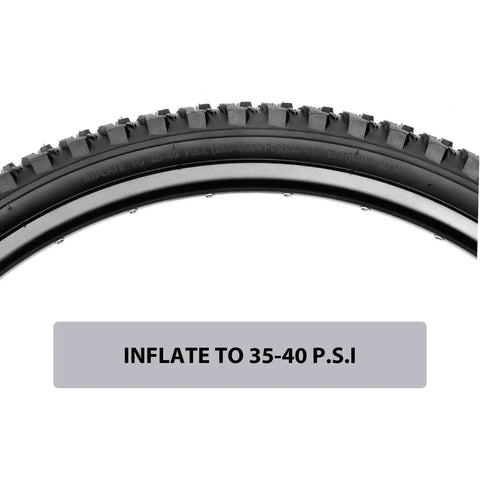 Close-up of 20x2.125 Inch Mountain Bike Tire Set 2 Pack Folding Tires ETRTO 57-406, showing tread and inflate 35-40 PSI instruction.