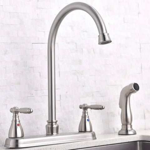 Brushed Nickel Kitchen Faucet With Side Sprayer And High Arc Two Handle Design For 3 Or 4 Hole Sinks Includes Water Supply Line