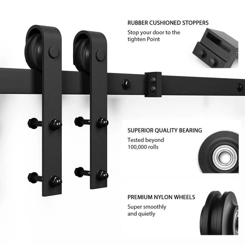 Eight Point Two Foot Sliding Barn Door Hardware Kit with Smooth Quiet Track showing components like nylon wheels and stoppers