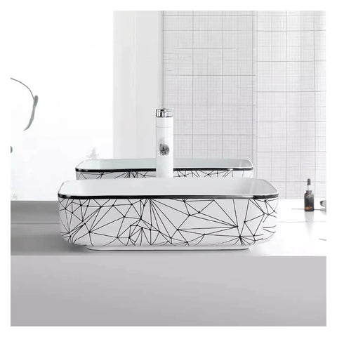 USZWBY Vessel Sinks Nordic Household Wash Basin Modern Above Counter Single Art Ceramic Bathroom Bowl Sink with geometric design.