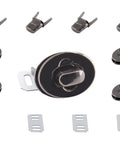 Top Shelf Black Twist Lock Clasps For Leather Bags And Diaries Heavy Duty Zinc Alloy Oval Turn Buttons Smooth Action Solid Craft Gear Built To Last Quick Install Pocket Book Hardware Replacement Set featuring five black clasps and turn buttons.
