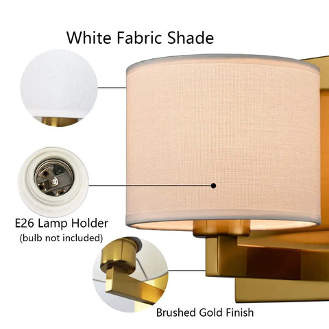 Hot Gold Brass Wall Sconces Set Of Two Drum Shade Mid Century Modern Lighting with white fabric shade and E26 holder