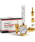Argon regulator with flowmeter gauge for MIG/TIG welding; brass finish and fittings, box visible