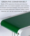 Green PVC belt on compact desktop conveyor, adjustable speed from 2m to 15m for food processing and factory use, durable aluminum body.