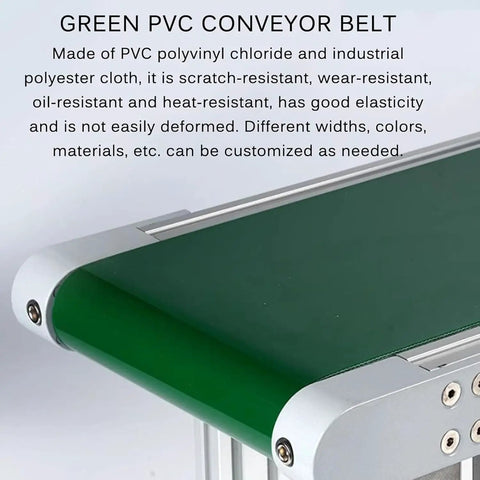 Green PVC belt on compact desktop conveyor, adjustable speed from 2m to 15m for food processing and factory use, durable aluminum body.