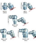 Variety of zerk nipples from 110 Piece Metric Grease Fittings Kit with Standard 45 and 90 Degree Angles for lubrication.