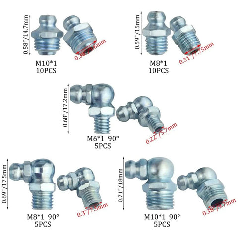 Variety of zerk nipples from 110 Piece Metric Grease Fittings Kit with Standard 45 and 90 Degree Angles for lubrication.