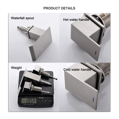 2 Handle Deck Mount Roman Tub Faucet Set In Brushed Nickel components including waterfall spout and dual control handles