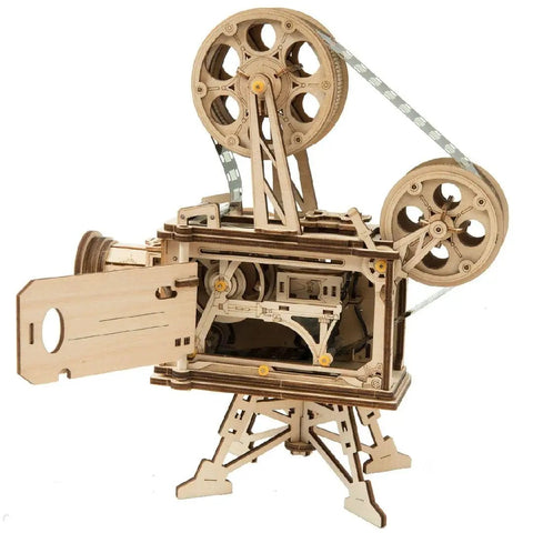 Vitascope Wooden Mechanical Kit Build Your Own Vintage Movie Projector With Hand Crank 183 Pieces Create A Working Reel Retro Black And White Film Gear For Builders Collectors And Fans, wooden projector front view