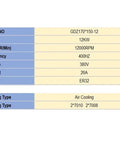 Specifications sheet for Heavy Duty 12KW Air Cooled CNC Spindle Motor Featuring ER32 And ER40 Collets.