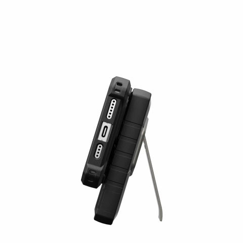 Side view of Two Port USB C Magnetic Wireless Portable Charger With 10000mAh Battery On The Go, kickstand extended, black titanium finish.