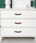 Leather Drawer Pulls 4 Pack White Microfiber Leather Dresser Knobs With Double Hole Mounting And Included Screws Installed On Cabinet
