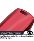 Jeep Wrangler Red TPU Flip Key Fob Cover showcasing 3 layer plating process, including metal, coloring, and polishing layers.