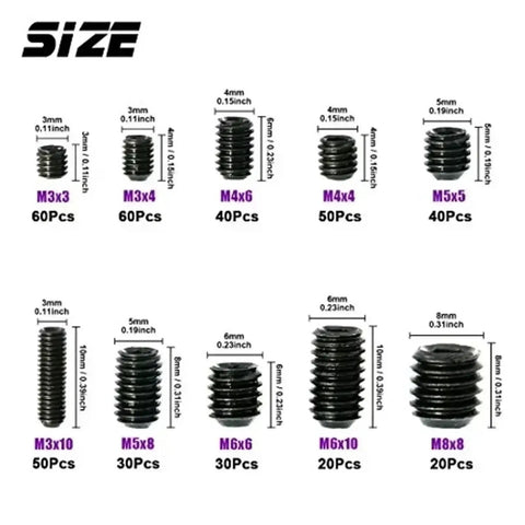 Hex Socket Set Screws Assortment Kit M3 M4 M5 M6 M8 Alloy Steel Cup Point sizes M3x3 to M8x8